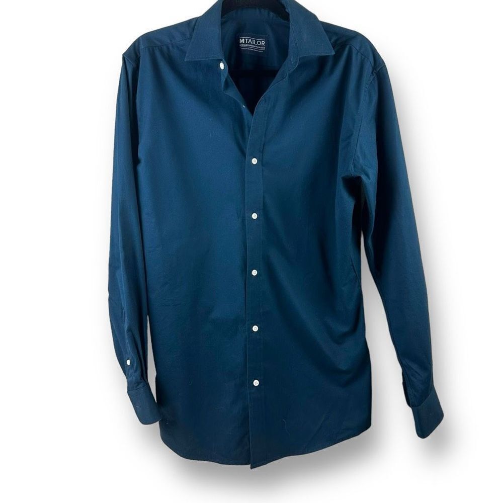 MTailor Men’s Size L Long Sleeve Dress Shirt Dark Blue Solid 100% Cotton‎